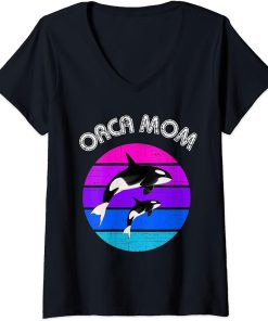 Womens 80s Orca Mom Retro Vintage Sunset V-Neck T-Shirt