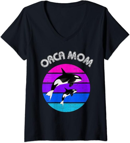 Womens 80s Orca Mom Retro Vintage Sunset V-Neck T-Shirt