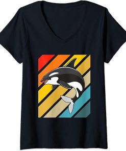 Womens Orca Whale Vintage 80s Retro V-Neck T-Shirt