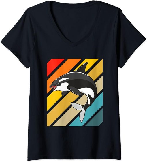 Womens Orca Whale Vintage 80s Retro V-Neck T-Shirt