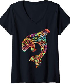 Womens Native American Colorful Orca Killer Whale Pacific Northwest V-Neck T-Shirt