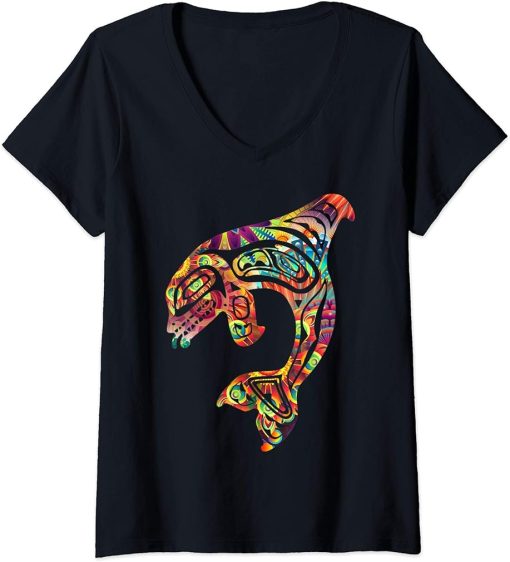 Womens Native American Colorful Orca Killer Whale Pacific Northwest V-Neck T-Shirt