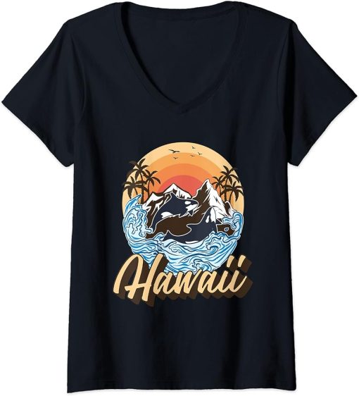 Womens Orca Hawaii Retro Vintage Hawaiian Island V-Neck T-Shirt